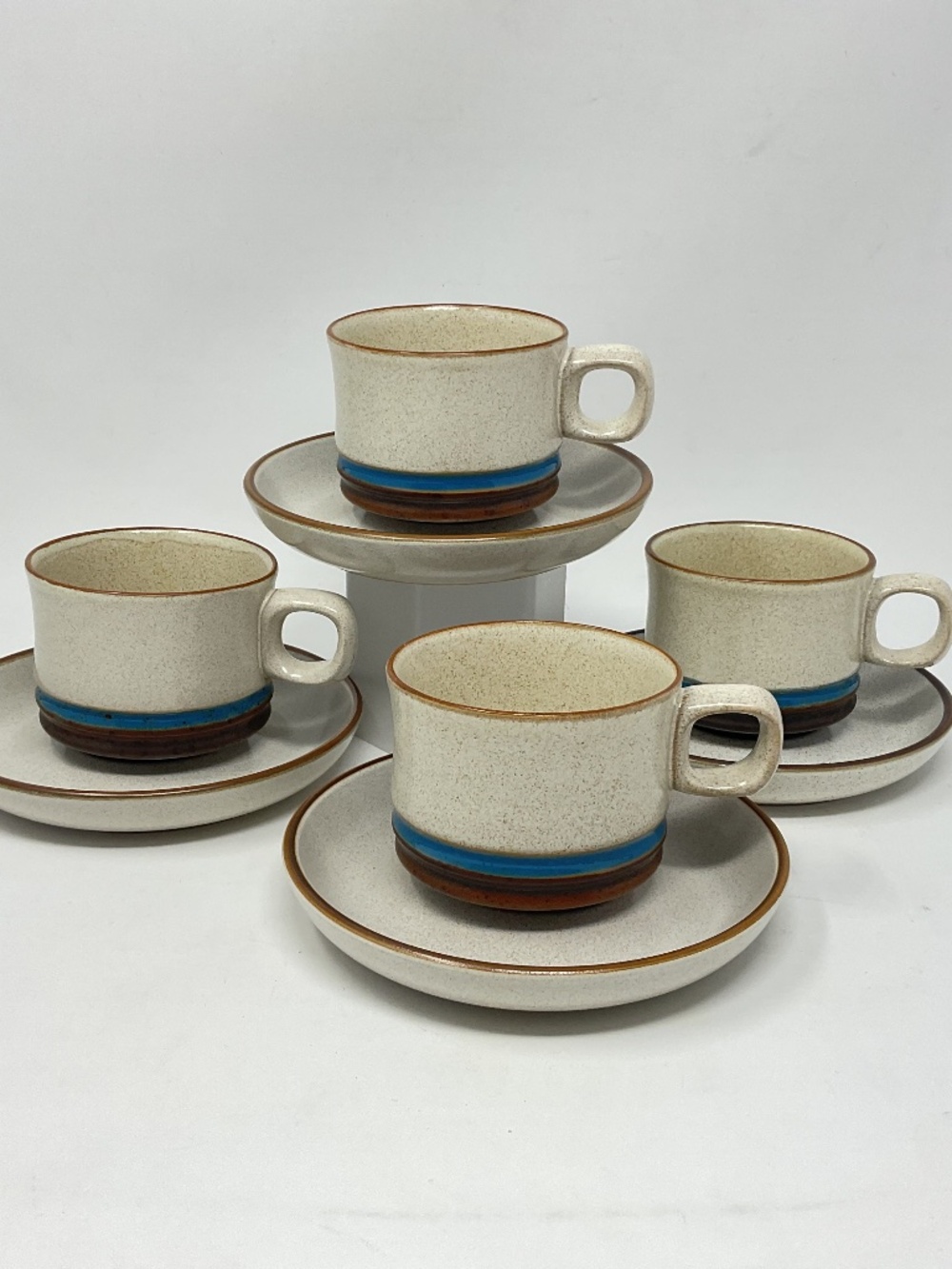 4 Denby Potters Wheel Blue (retired) Stoneware Teacup & Saucer Sets